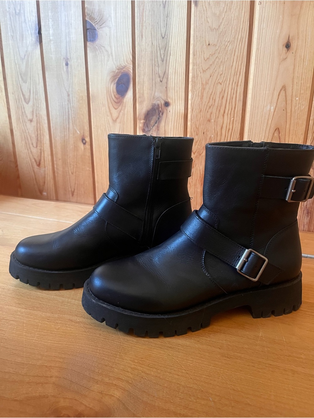 Steve Madden Black Leather Buckle Combat Ankle Boots